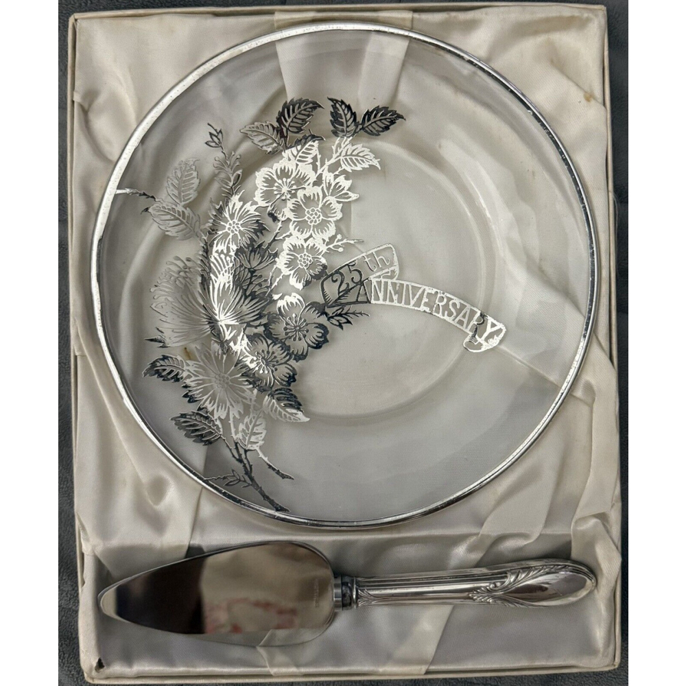 Vintage Web Sterling Silver Handle Cake Knife Plate Set Blade 25th Anniversary